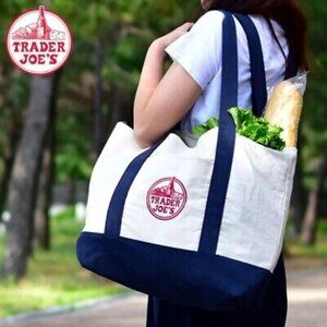 👜 Trader Joe’s Canvas Tote Bag - Ivory/Cream with Navy Blue(Large)-NEW with Tag
